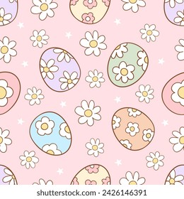 Draw seamless pattern daisy flower with eggs For Easter Spring Fabric print Wallpaper Printable paper