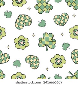 Draw seamless pattern disco retro shamrock with heart For st patricks day Fabric print Wallpaper