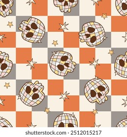 Draw seamless pattern disco skull on halloween checkered Printable fabric Digital paper