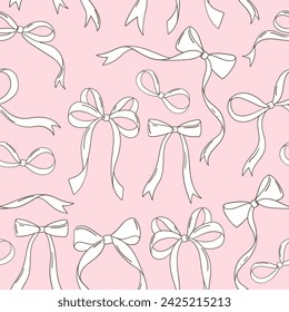 Draw seamless pattern doodle coquette ribbon on pink Love valentines Fabric print Wallpaper Printable paper