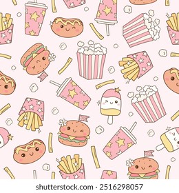 Draw seamless pattern funny fastfood Printable for fabric Digital paper