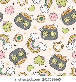 Draw seamless pattern funny groovy st patricks day Retro Lucky clover Rainbow Daisy Fabric print Wallpaper