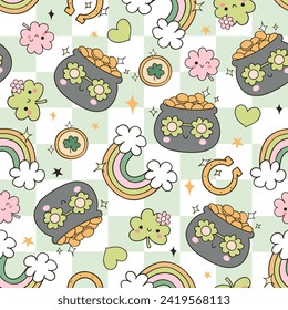 Draw seamless pattern funny groovy st patricks on checkerboard Retro Lucky clover Rainbow Daisy Fabric print Wallpaper