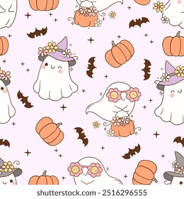 Draw seamless pattern ghost halloween flower Printable for fabric Digital paper