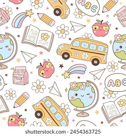 Draw seamless pattern groovy back to school Digital paper