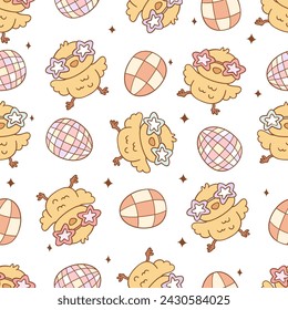 Draw seamless pattern groovy chicks with disco eggs Retro easter spring Fabric print Wallpaper Printable paper