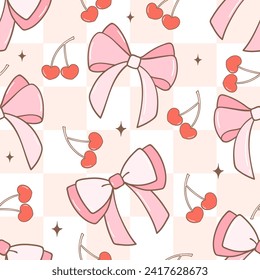 Draw seamless pattern groovy coquette cherry bows on checkerboard Retro valentines Fabric print Wallpaper Printable paper