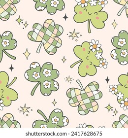 Draw seamless pattern groovy lucky clover For st patricks day Fabric print Wallpaper