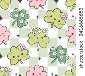 Draw seamless pattern groovy shamrock Clover with daisy for st patricks day Fabric print Wallpaper