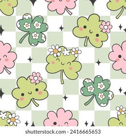 Draw seamless pattern groovy shamrock Clover with daisy for st patricks day Fabric print Wallpaper