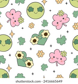 Draw seamless pattern groovy st patricks day Lucky clover Retro heart Fabric print Wallpaper