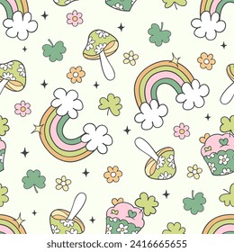 Draw seamless pattern groovy st patricks day Retro Lucky clover Rainbow Daisy flower Fabric print Wallpaper