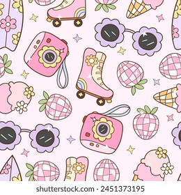 Draw seamless pattern groovy summer Retro funny beach Digital paper