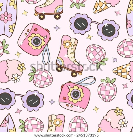 Draw seamless pattern groovy summer Retro funny beach Digital paper