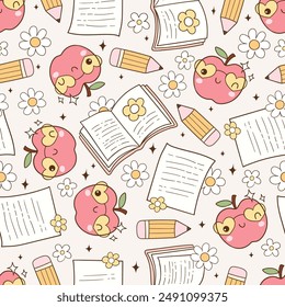 Draw seamless pattern groovy teacher school Printable for fabric