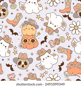 Draw seamless pattern groovy western halloween Trendy retro Printable for fabric Digital paper