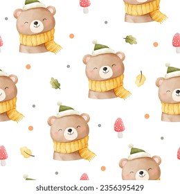 Draw seamless pattern happy bear Autumn fall concept For baby shower Greeting card Clothing kids