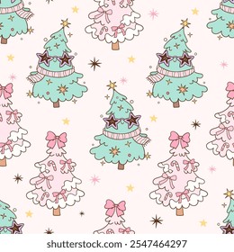 Draw seamless pattern pastel christmas tree Trendy retro groovy Digital paper