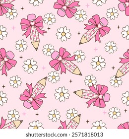 Draw seamless pattern pencil bow valentine Printable fabric Digital paper