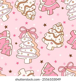 Draw seamless pattern pink christmas tree cake Sweet treat Printable fabric Digital paper