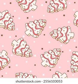 Draw seamless pattern pink christmas tree cake Sweet treats Printable fabric Digital paper