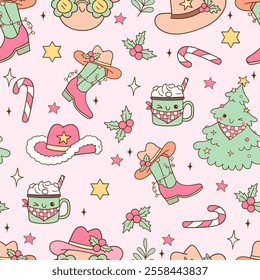 Draw seamless pattern pink cowgirl Printable fabric Digital paper