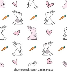 Draw seamless pattern rabbit, carrot, heart. vector illustrator Minimalist cartoon style. doodle cartoon