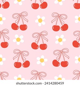 Draw seamless pattern red cherry bow with daisy flower Retro valentine day Fabric print Wallpaper Doodle cartoon style