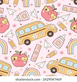 Draw seamless pattern retro back to school Fabric print kids Wallpaper Printable paper