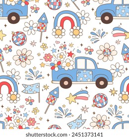 Draw seamless pattern retro groovy fourth of July Independence day Fabric print Wallpaper Digital paper