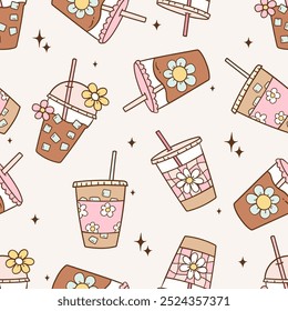 Draw seamless pattern retro ice coffee Printable for fabric Digital paper