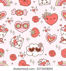 Draw seamless pattern retro valentine Trendy groovy Printable fabric Digital paper