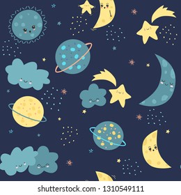 Draw seamless pattern, set background with sky, cloud, stars, celebrities, planet, earth, moon, luna, emotion and many details.For printing, website, presentation element, textile. Vector illustration