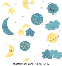 Draw seamless pattern, set background with sky, cloud, stars, celebrities, planet, earth, moon, luna, emotion and many details.For printing, website, presentation element, textile. Vector illustration