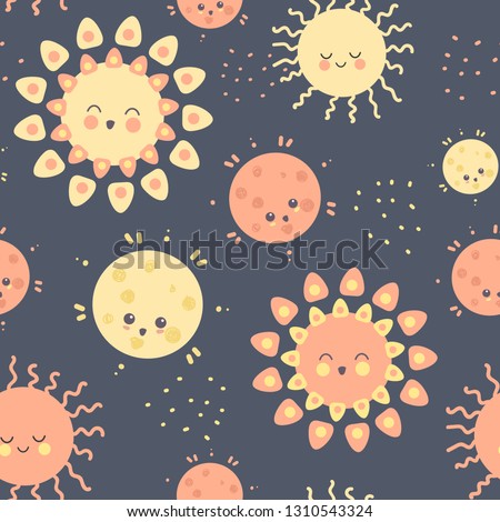 Draw seamless pattern, set background with sky, sun, sunshine, sunlight, shine, emotion and many details. Can use for printing, website, presentation element, textile. Vector illustration.