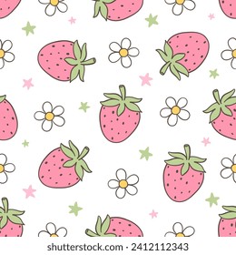 Draw seamless pattern strawberry with daisy flower Retro valentine day Fabric print Wallpaper Doodle cartoon style