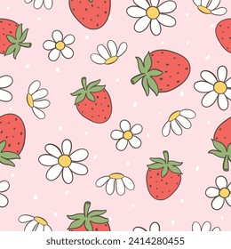 Draw seamless pattern strawberry with daisy flower Retro valentine day Fabric print Wallpaper Doodle cartoon style