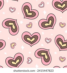 Draw seamless pattern sweet groovy heart flower Retro valentine day Fabric print Wallpaper Doodle cartoon style