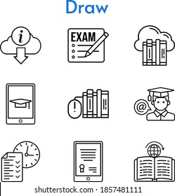 Zeichensatz. beinhaltet Prüfung, Cloud, Tablet, Bücher, Test, Schüler-Tablet, Informationen, Lernsymbole. lineare Stile.
