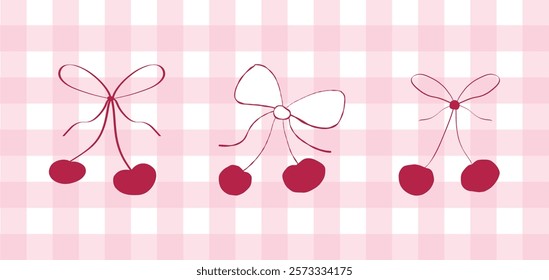 Draw set of vector illustration coquette cherry bows on the pink gingham background. hand drawn line art vector.