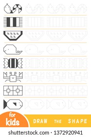 Draw the shapes, education game for children. Replicate the image by lines. Draw geometric and natural ornaments