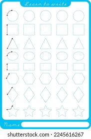 Draw the shapes. Preschool worksheet for practicing fine motor skills - tracing dashed lines. Tracing Worksheet.  Illustration and vector outline - A4 paper ready to print.