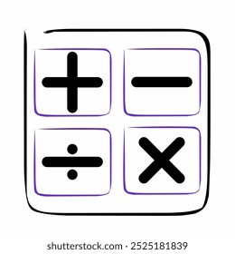 Desenhe um layout simples, como uma calculadora, com quatro símbolos matemáticos: mais, menos, divisão e multiplicação, cada um incluído em sua própria caixa. Os símbolos são negrito e preto