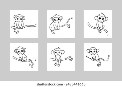 Draw a simple cartoon baby monkey on a tree vector line art illustration