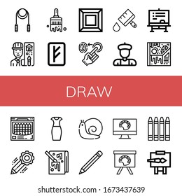 draw simple icons set. Contains such icons as Skipping rope, Architect, Paint brush, Rune, Art, Fingerprint, Artist, Chalkboard, Crayon, Pencil, can be used for web, mobile and logo