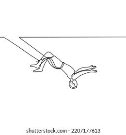 Draw a single line of an acrobat on a trapeze with legs dangling and head down while swinging arms. Bold and agile. One line drawing graphic design vector illustration.