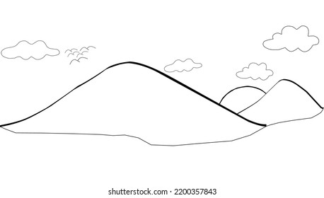 Draw a single line of cloudy mountains with a round sun in the center and a flock of birds flying. One line dynamic minimalist concept drawing graphic design vector illustration