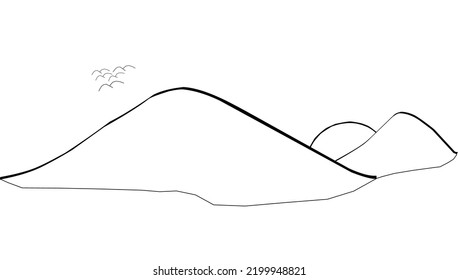 Dibujar una sola línea de montañas con un sol redondo en medio y 5 pájaros. Dibujo de diseño gráfico de diseño dinámico minimalista de una línea ilustración vectorial