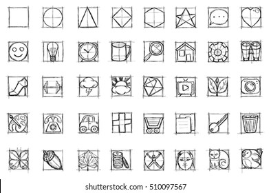 draw sketch icons set pictures of items for  buttons on a site