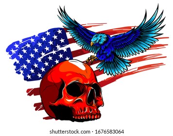 draw of Skull and flag usa. Vector illustration.